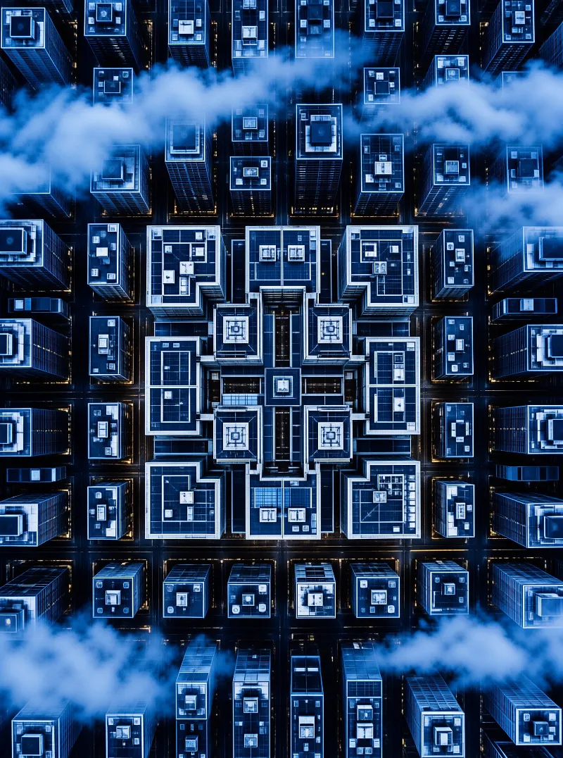 Skyscraper rooftops form a dense grid far below as wisps of blue-tinted fog drift between the towers.