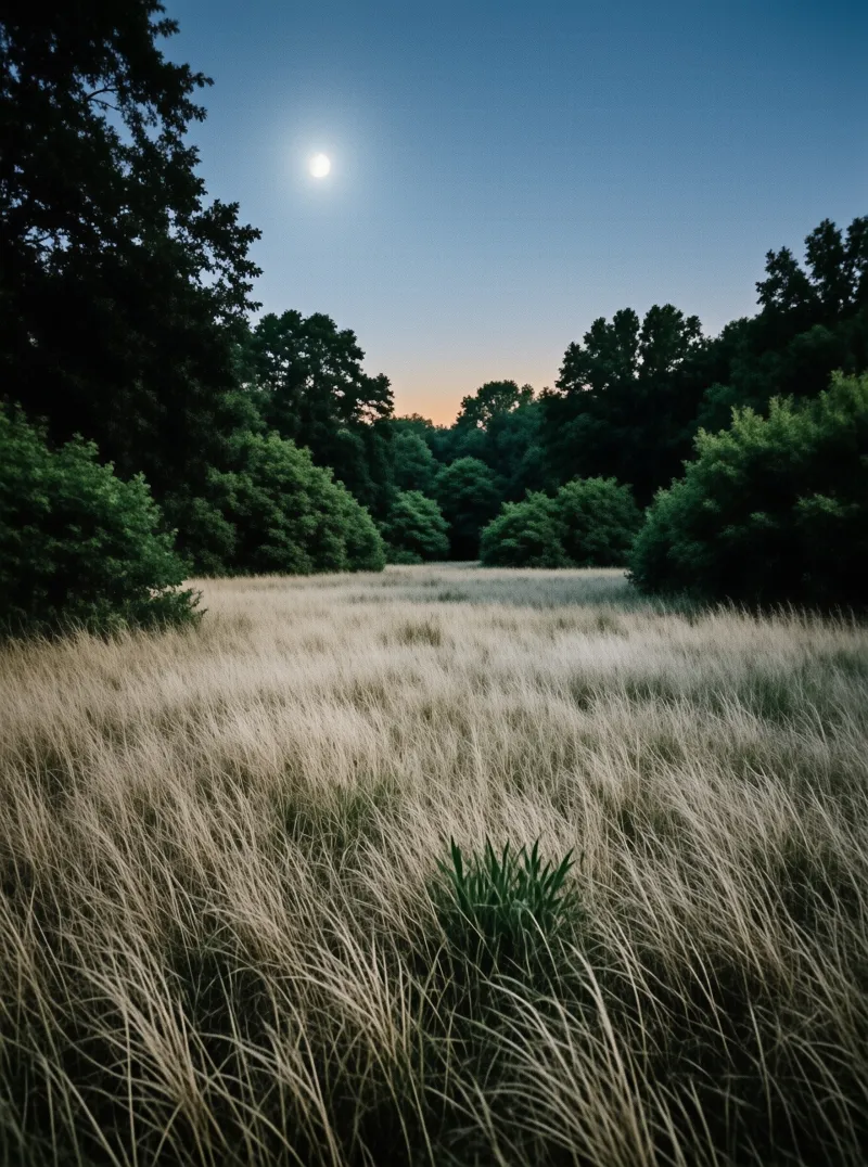 Dry golden grass covers a field bordered by dense green trees under a twilight sky with a bright moon and orange horizon.