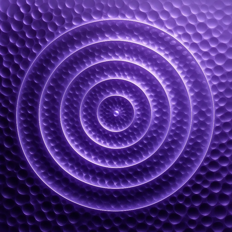 Neon concentric circles of violet light ripple outward across a dimpled honeycomb texture in this abstract render.