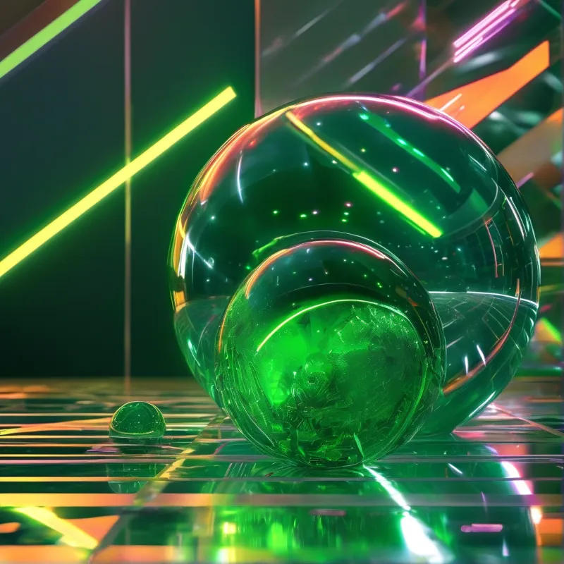Translucent green sphere resting on a grid floor reflects vibrant neon beams against a dark void.
