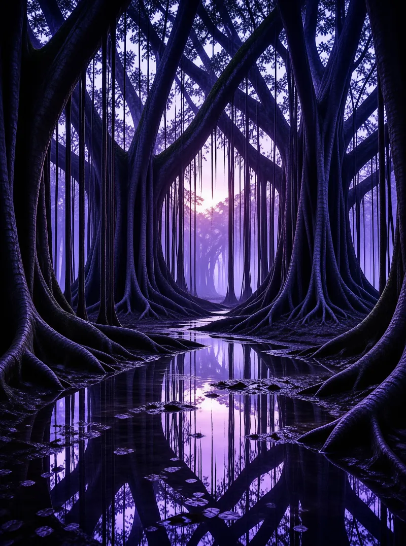 Massive hanging vines form a surreal archway above a calm water channel bathed in violet hues.