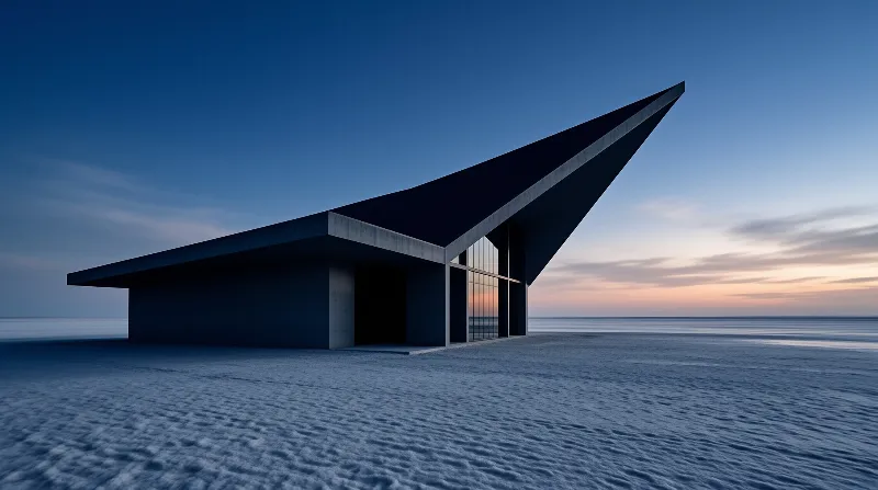 Angular minimalist concrete building stands on a pale salt flat under a dusk sky fading from deep blue to warm orange at the horizon.