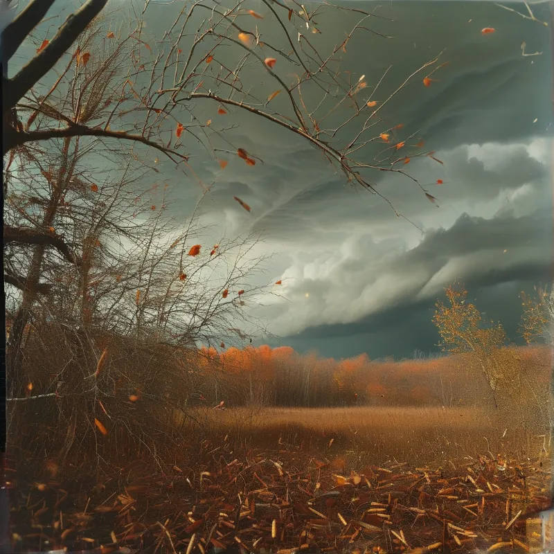 Leafless tree branches frame a field of orange foliage beneath a heavy grey cloud formation.