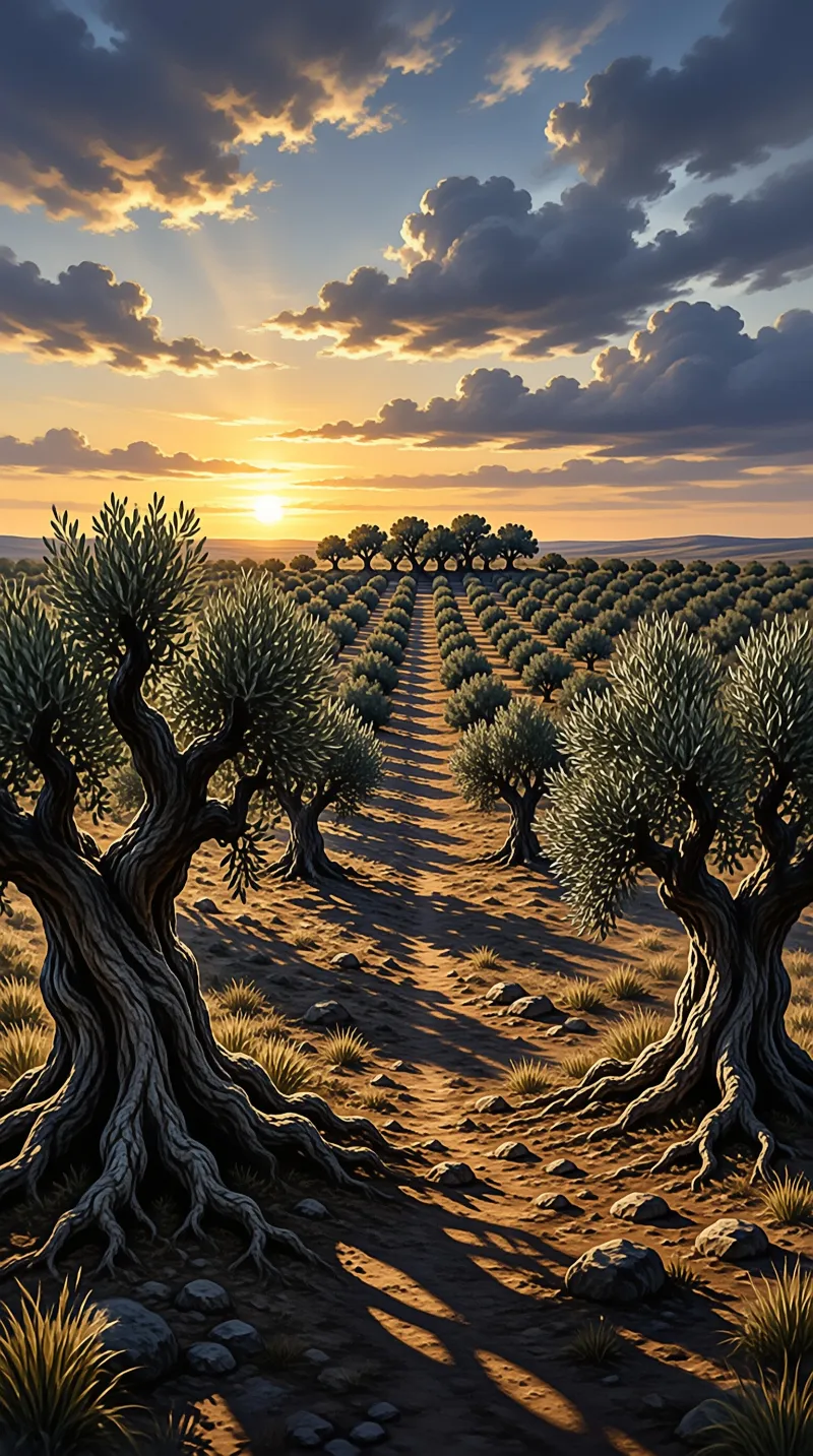 Rows of old olive trees cast long shadows across a dry landscape as the sun sets behind clouds.