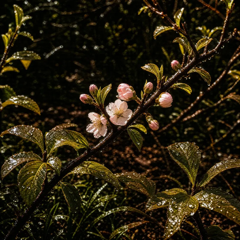 A branch with pink and white cherry blossoms and dew drops on green leaves in a dark, forest-like setting