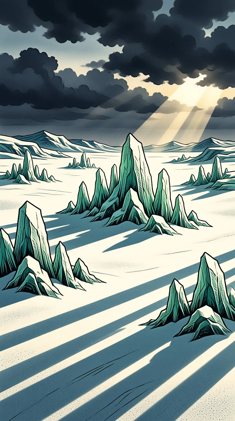 Sharp teal peaks emerge from a white snowy field under dark clouds with a shaft of golden light breaking through.