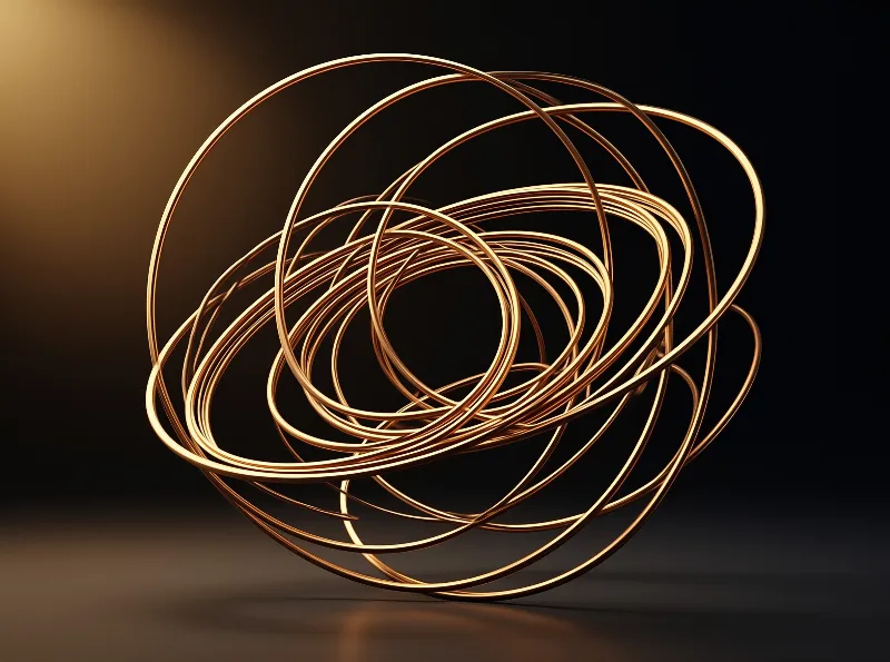 Interwoven copper rings form a sculptural piece on a dark surface lit by warm directional light.