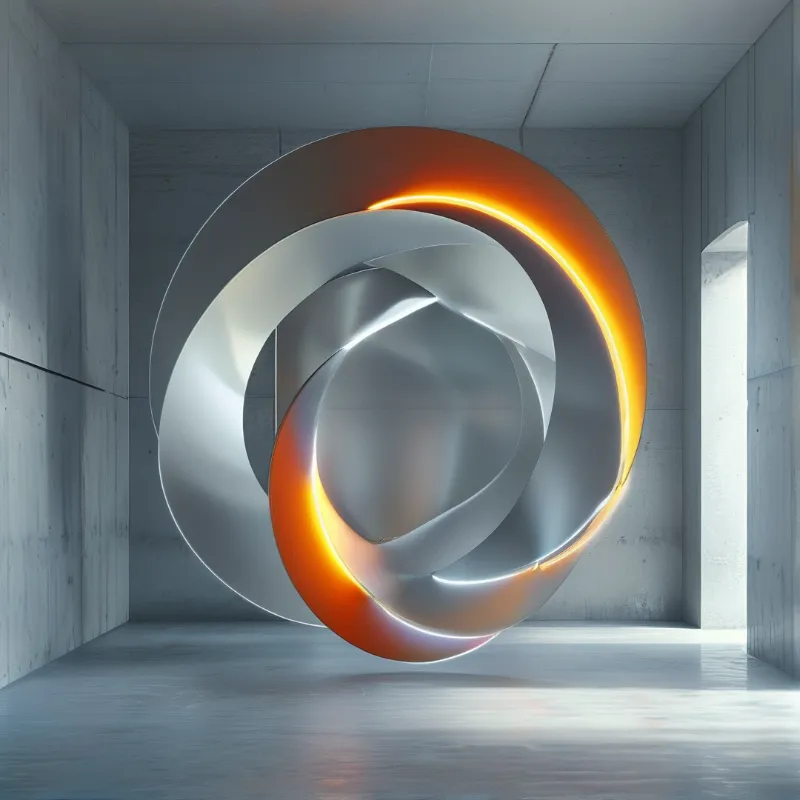 A polished metallic ring sculpture floats in a raw concrete room, its inner curve lit with a warm orange glow.