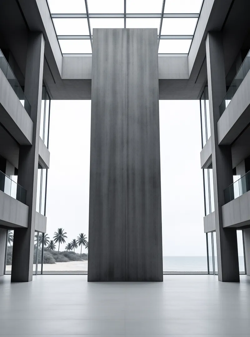 A gray concrete slab rises between symmetric walkways, framing a view of palm trees and pale ocean beyond.