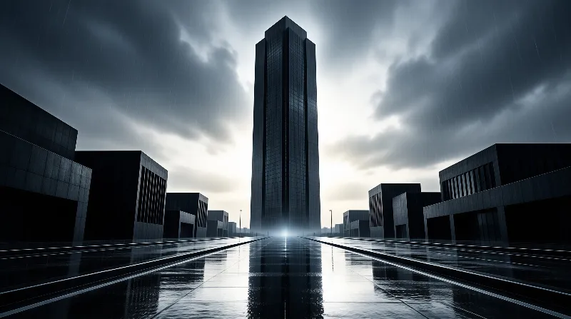 A tall dark structure stands centrally in a rainy cityscape with highly reflective pavement.
