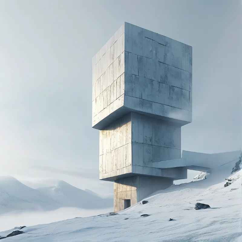 Massive cubic concrete building rises from snow-covered alpine terrain under soft diffuse light