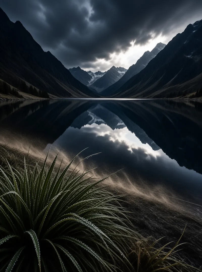 Still water mirrors jagged peaks and heavy clouds while dew-covered grass sits in the foreground under low lighting.