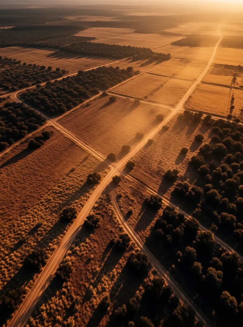 Aerial perspective showing geometric farmland plots and tree lines illuminated by warm golden sunlight casting long shadows.