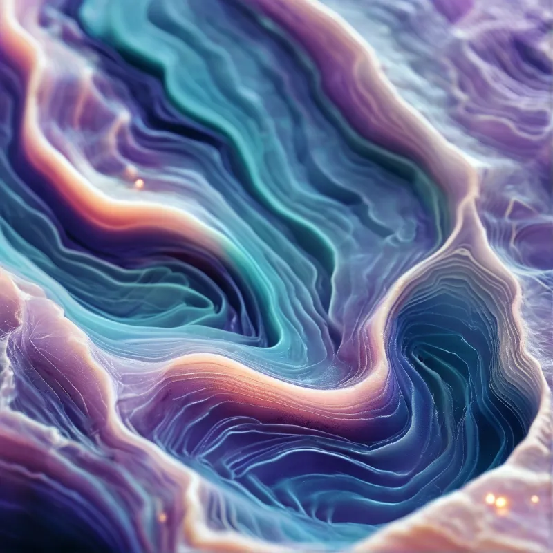 Swirling agate patterns display blues, purples, and peach tones with soft light.