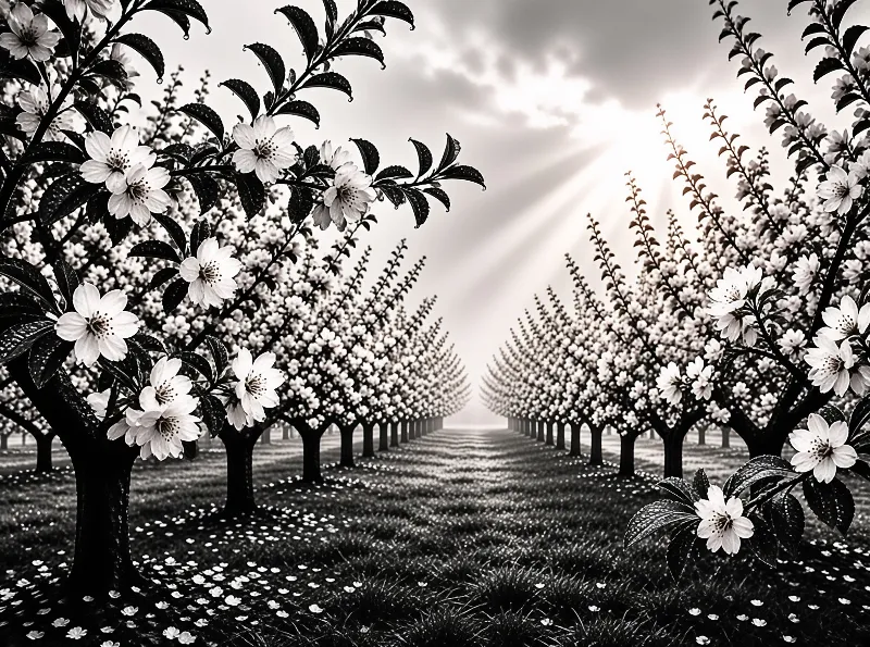 A monochromatic photograph displays rows of flowering trees stretching into the distance with sunlight streaming through clouds above while fallen petals cover the grassy ground between the trunks.
