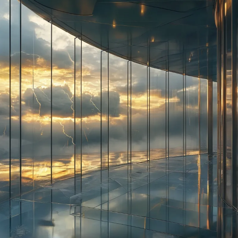 A transparent gallery wall frames golden storm clouds as their light washes across the polished floor.