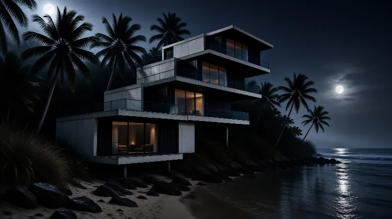 A lit concrete house stands on a rocky shore at night with palm trees and two bright full moons in the sky.