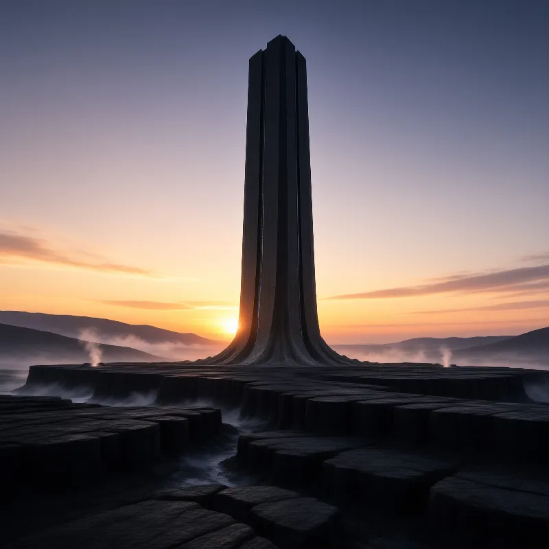 A towering dark monolith stands above hexagonal rock formations under a gradient sunset sky.