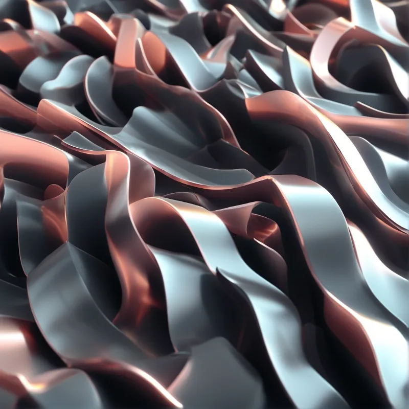 Abstract wavy forms resembling polished metal sheets in copper and silver tones with glossy highlights.