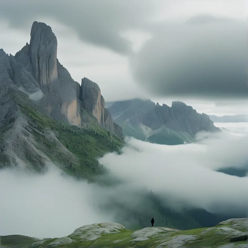 Tall rocky peaks emerge from a thick layer of white clouds while a tiny person stands on a foreground rock.