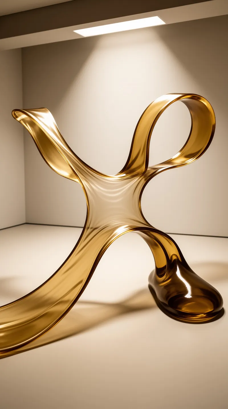 A glossy amber sculpture rests on a smooth cream floor inside a minimalist room with overhead lighting.