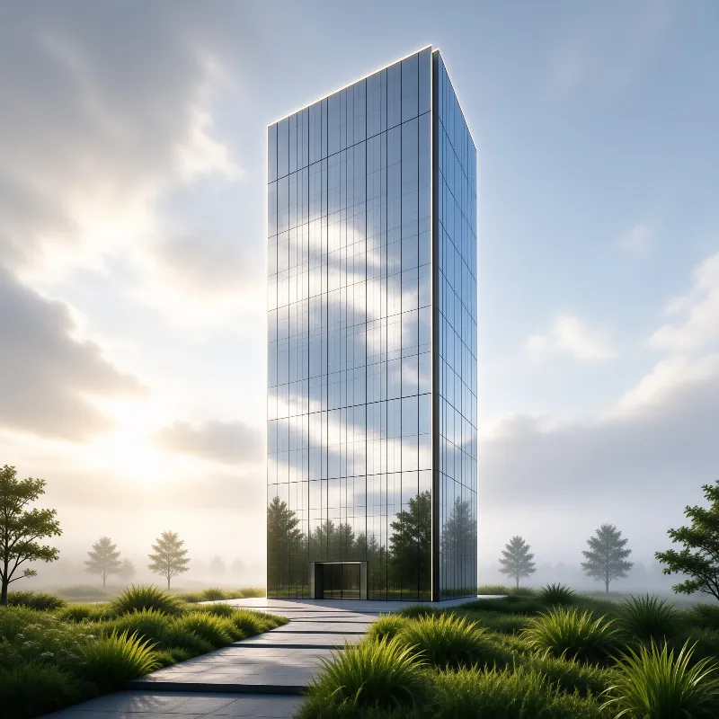 A modern glass skyscraper stands amidst misty vegetation with a paved walkway leading to its entrance.