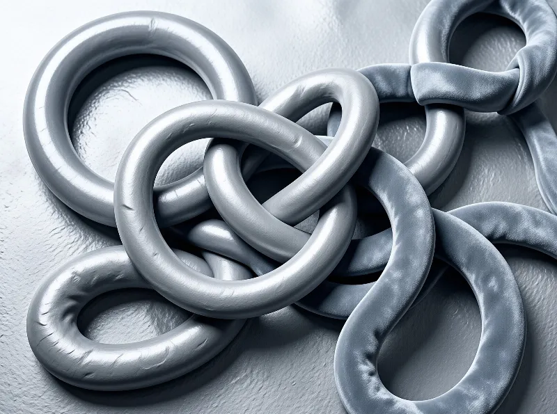 A cluster of glossy silver torus rings intertwined on a pale textured surface, catching soft highlights from overhead light.
