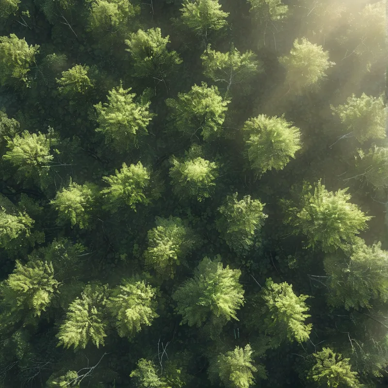 Overhead view of a dense bright green forest canopy, with warm sunbeams pouring from the upper right edge.