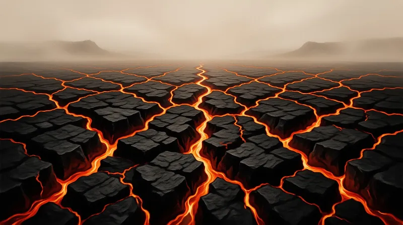 Bright orange molten streams wind through dark geometric ground blocks beneath a thick hazy sky.