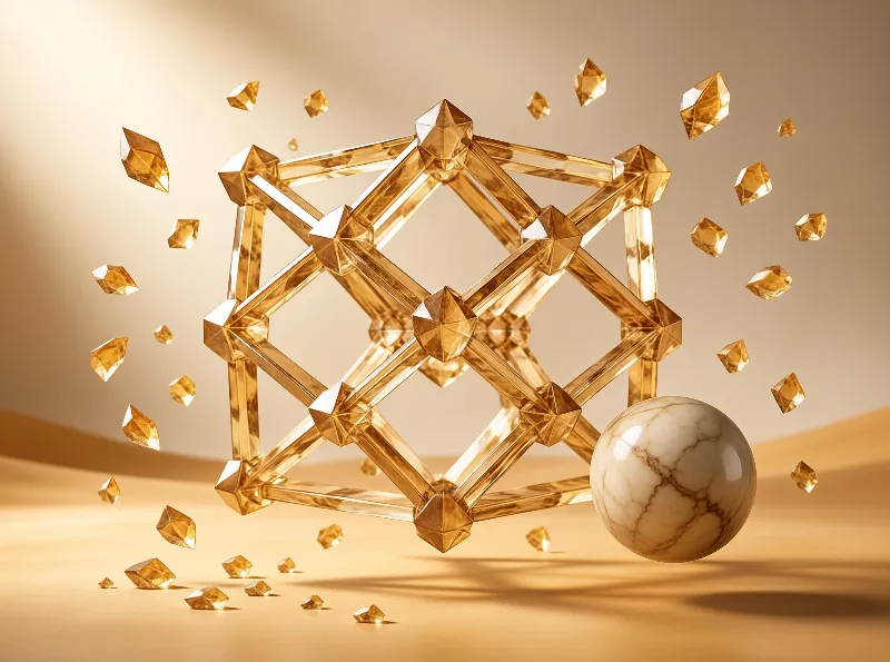 A translucent golden lattice cube glows among drifting crystal shards and a marble sphere.