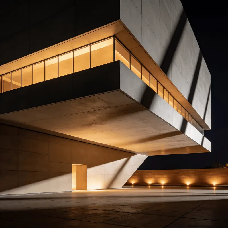 Museum with Floating Cantilever — Night With Warm Lights