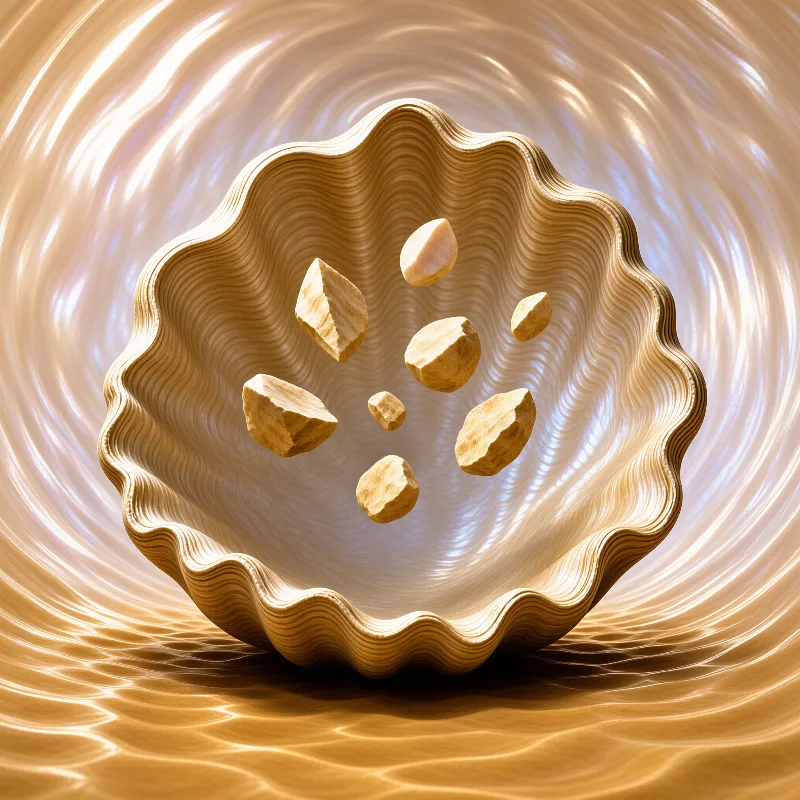 A textured golden bowl containing floating rocks sits within a swirling molten amber environment.