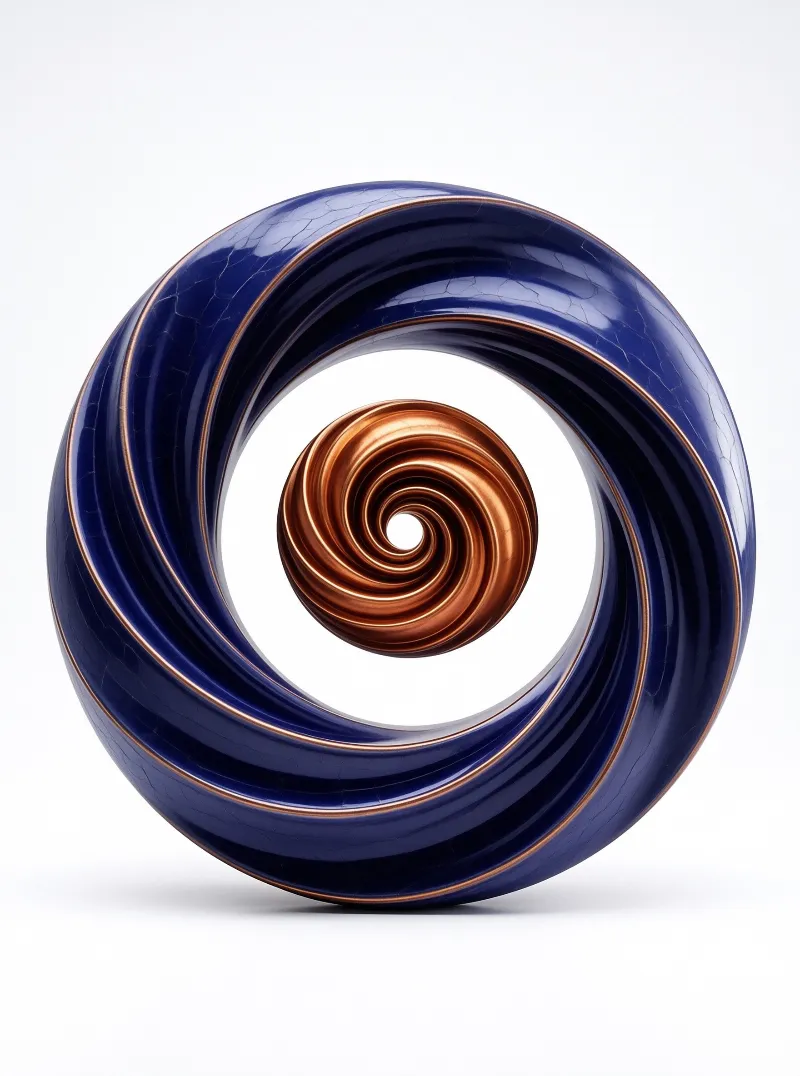 Deep blue glazed ring surrounds a metallic bronze spiral disc against a plain white background with soft lighting.