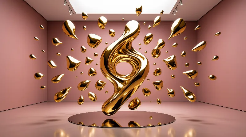 A glossy golden fluid sculpture hovers in a pink minimalist room surrounded by suspended metallic droplets under bright skylight.