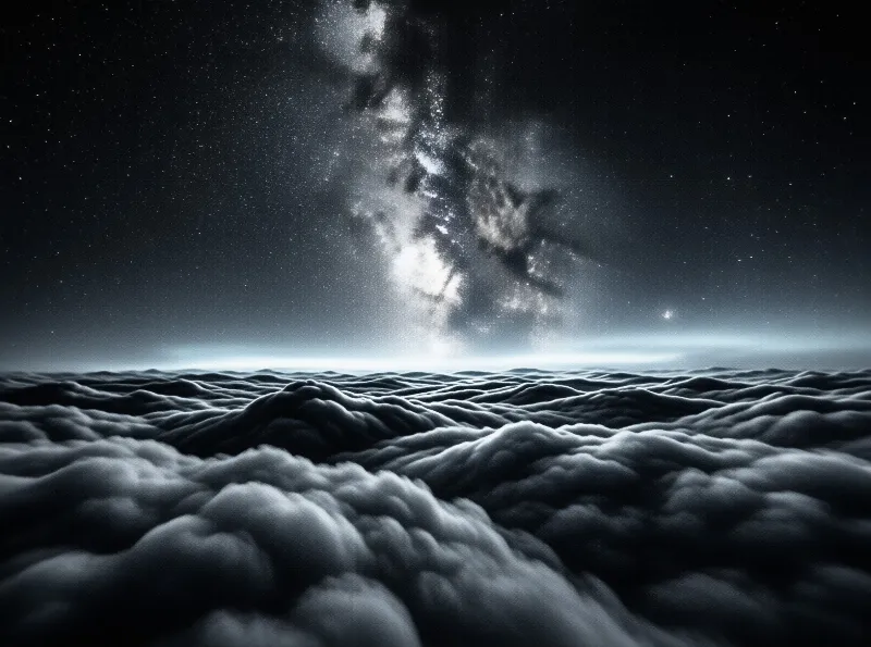 A vast field of dark clouds stretches beneath a bright band of the Milky Way galaxy against a starry night sky.