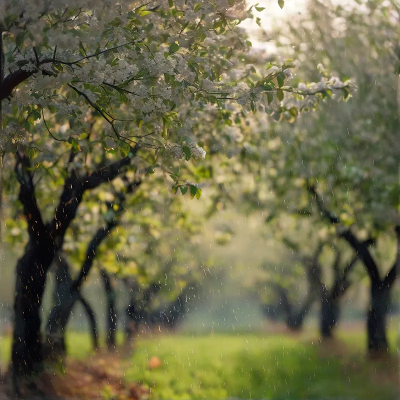 Green foliage surrounds white blossoms as vertical streaks of rain fall through warm sunlight.