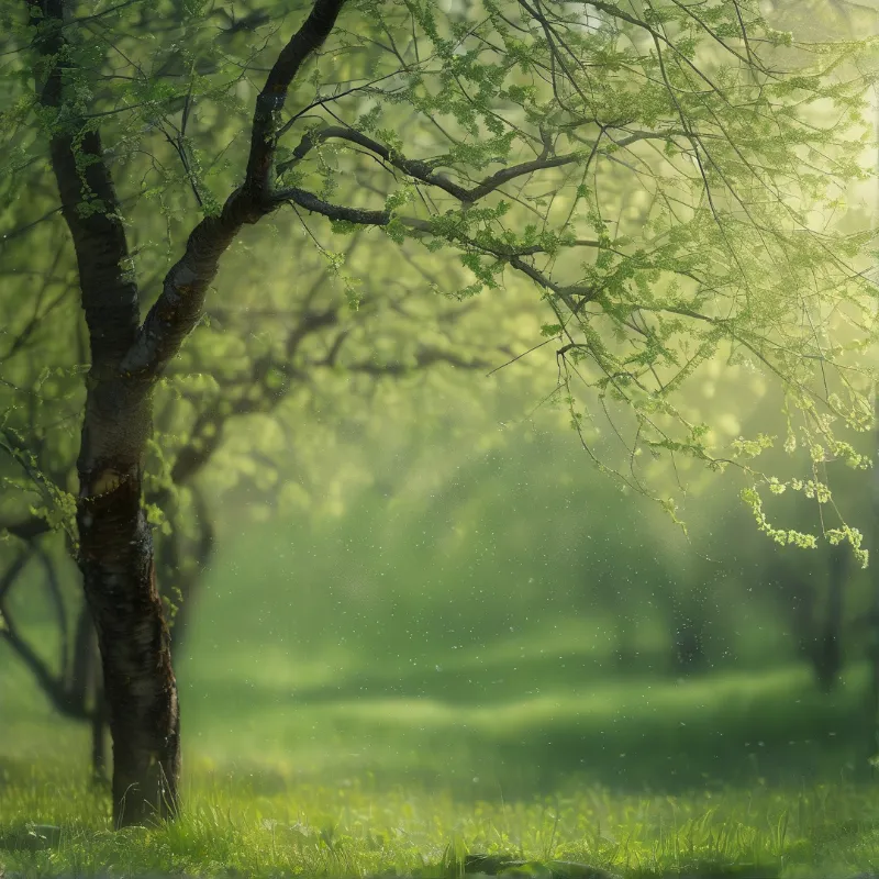 A dark tree trunk stands on the left with delicate green branches extending right into a misty sunlit background.