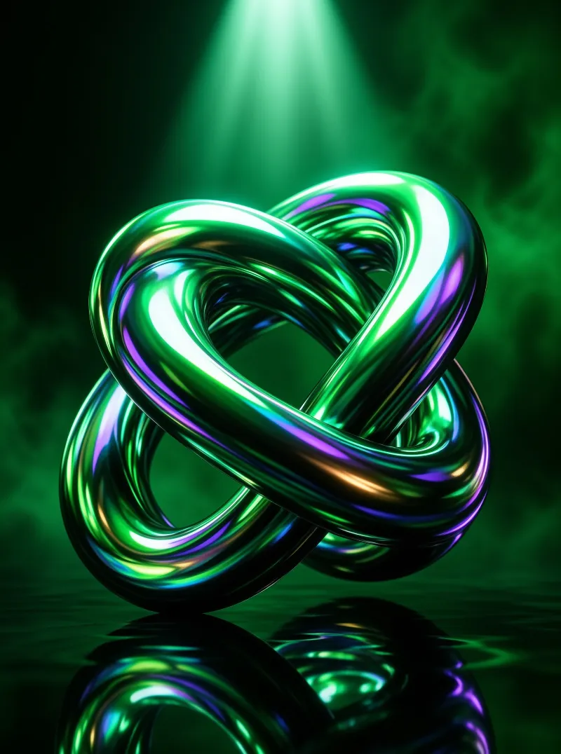 A glossy multicolored knot of polished metal reflects a beam of green light on a dark stage.