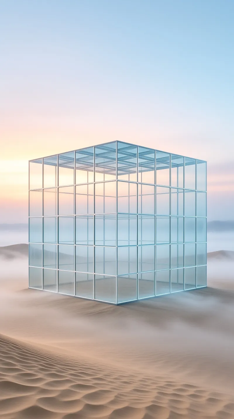 A large transparent cube constructed from glass panels rests upon sand dunes beneath a gradient sky.