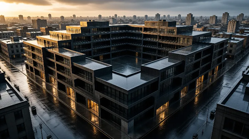 A modern stepped office building forms a hollow square above rain soaked streets glowing with golden evening light.