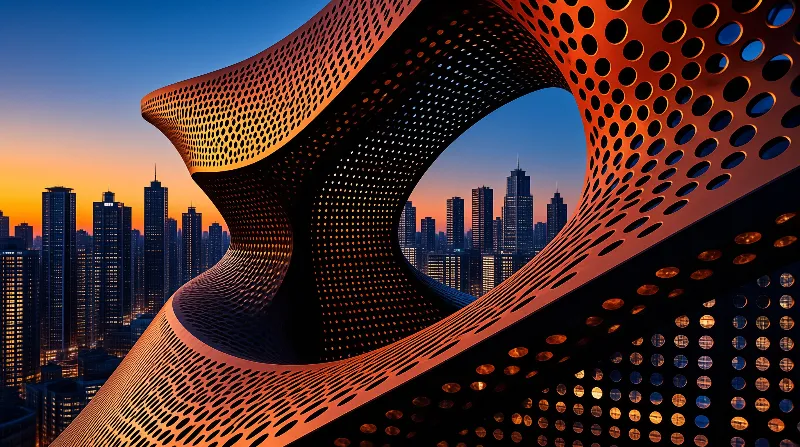 A curved orange facade with circular holes frames a dense city skyline beneath a blue and orange twilight sky.