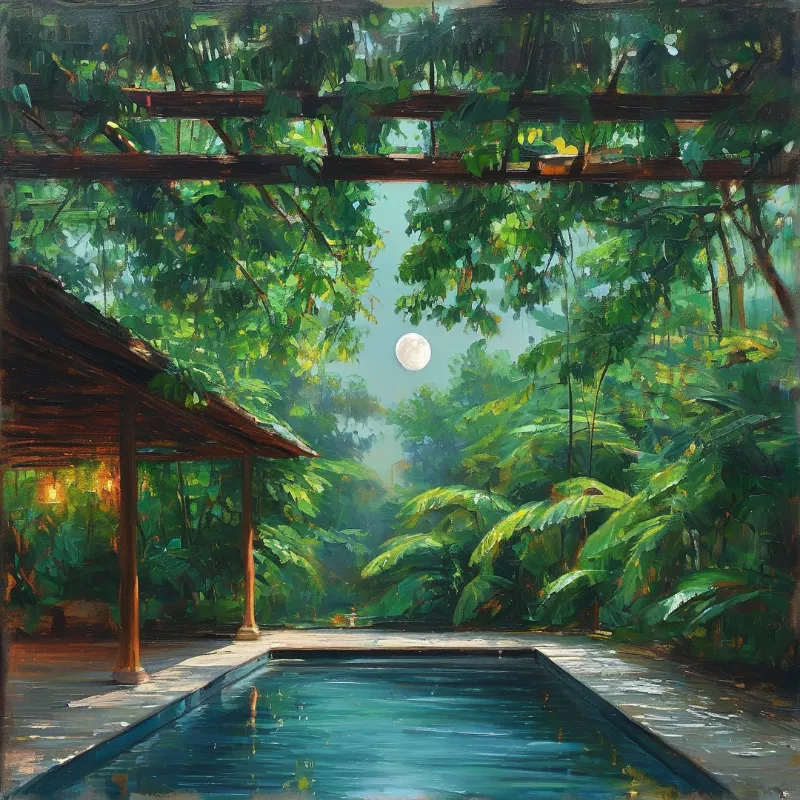 A swimming pool sits beside a wooden pavilion amidst dense tropical foliage with a full moon rising through the trees.