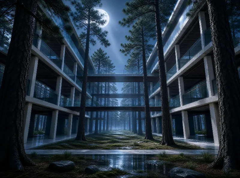 Modern Architecture in Forest at Night