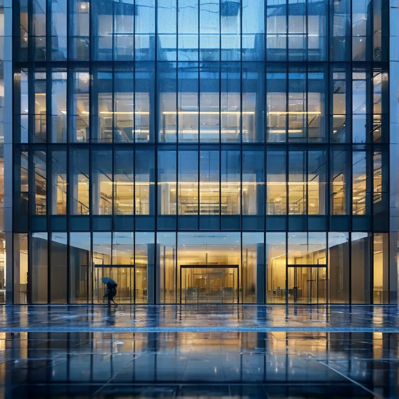 A modern glass office building with warm interior lights standing next to wet pavement reflecting the blue evening sky and yellow lights.