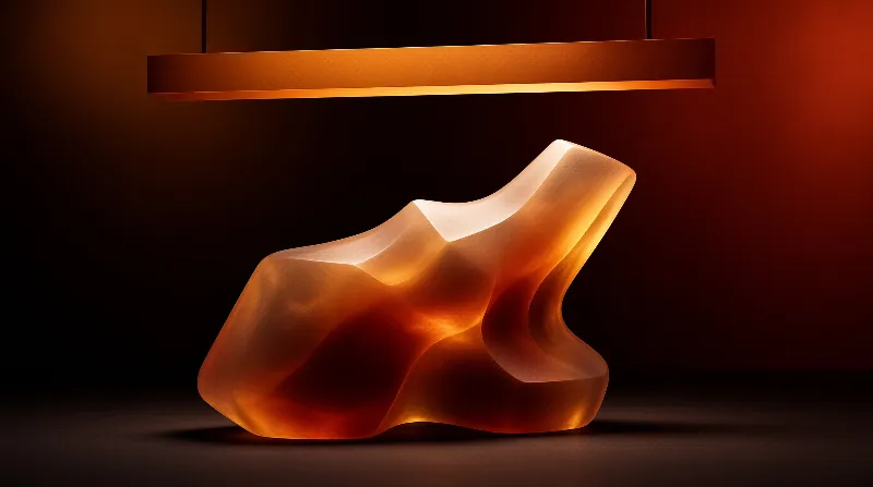 A translucent organic-shaped object emits warm light beneath a horizontal illuminated bar against a dark background.