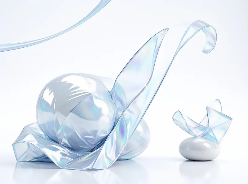 Translucent iridescent shapes rest on a white surface displaying smooth curves and soft lighting.