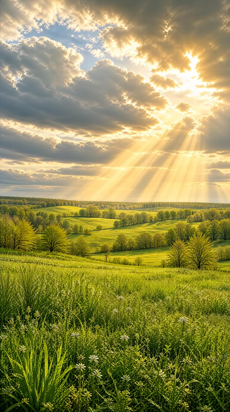Golden Sunbeams Over Green Meadow