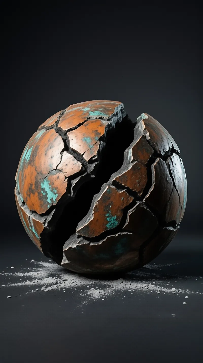A weathered metal ball split open along jagged seams, its surface streaked with rust orange and patches of teal patina.