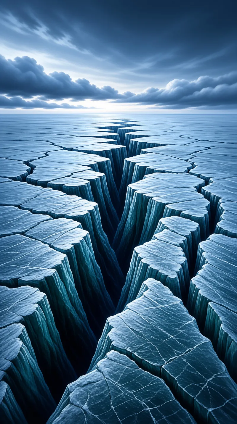 Deep blue cracks split a vast shelf of glacier ice that stretches toward a clouded horizon.