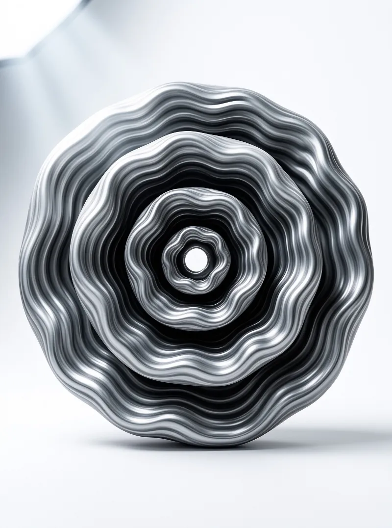 Glossy silver bands spiral inward around a small hole against a clean white studio setting.